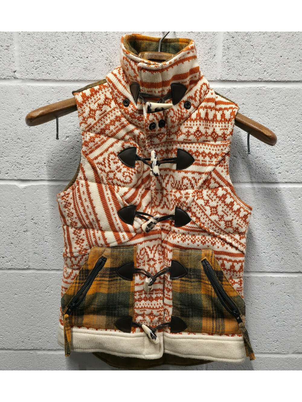 Da Nang Women's Sweater Hooded Vest Orange Plaid Wool Blend Vest XS 16x24 - Picture 1 of 9